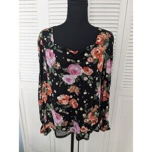 Sara Michelle Top Women's sz L Black Gold Floral Mesh Lined Long Sleeve Romantic